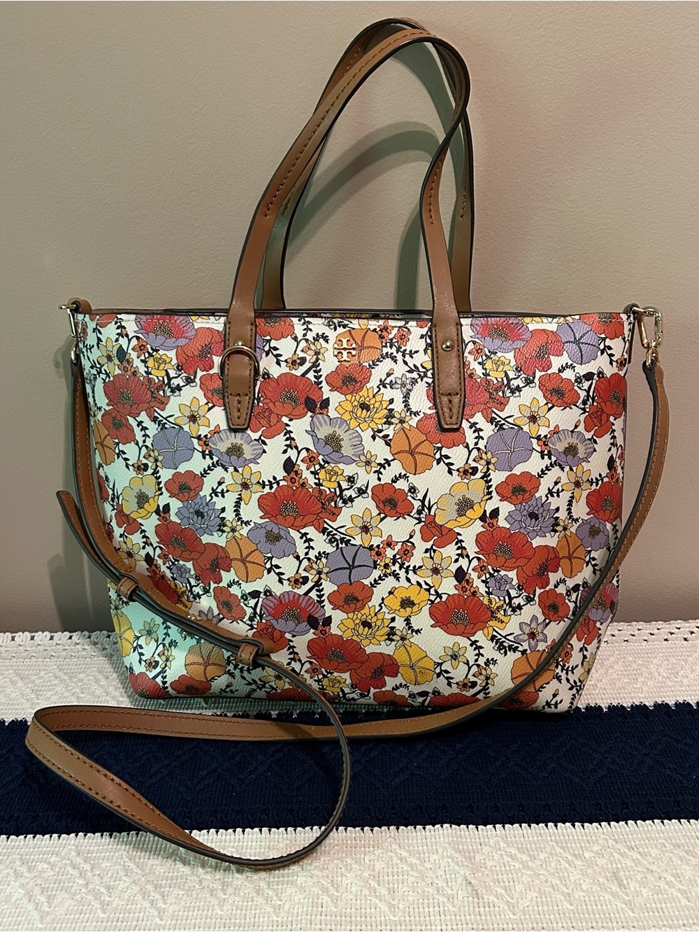 Tory Burch Floral Print Tote in White, Red, Yellow, Purple & Tan